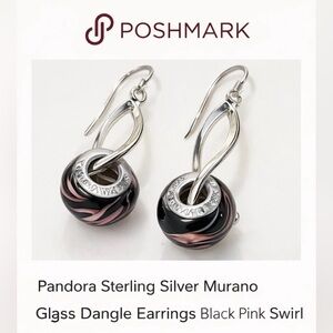 Pandora S925 sterling silver murano glass dangle earrings swirl black pink